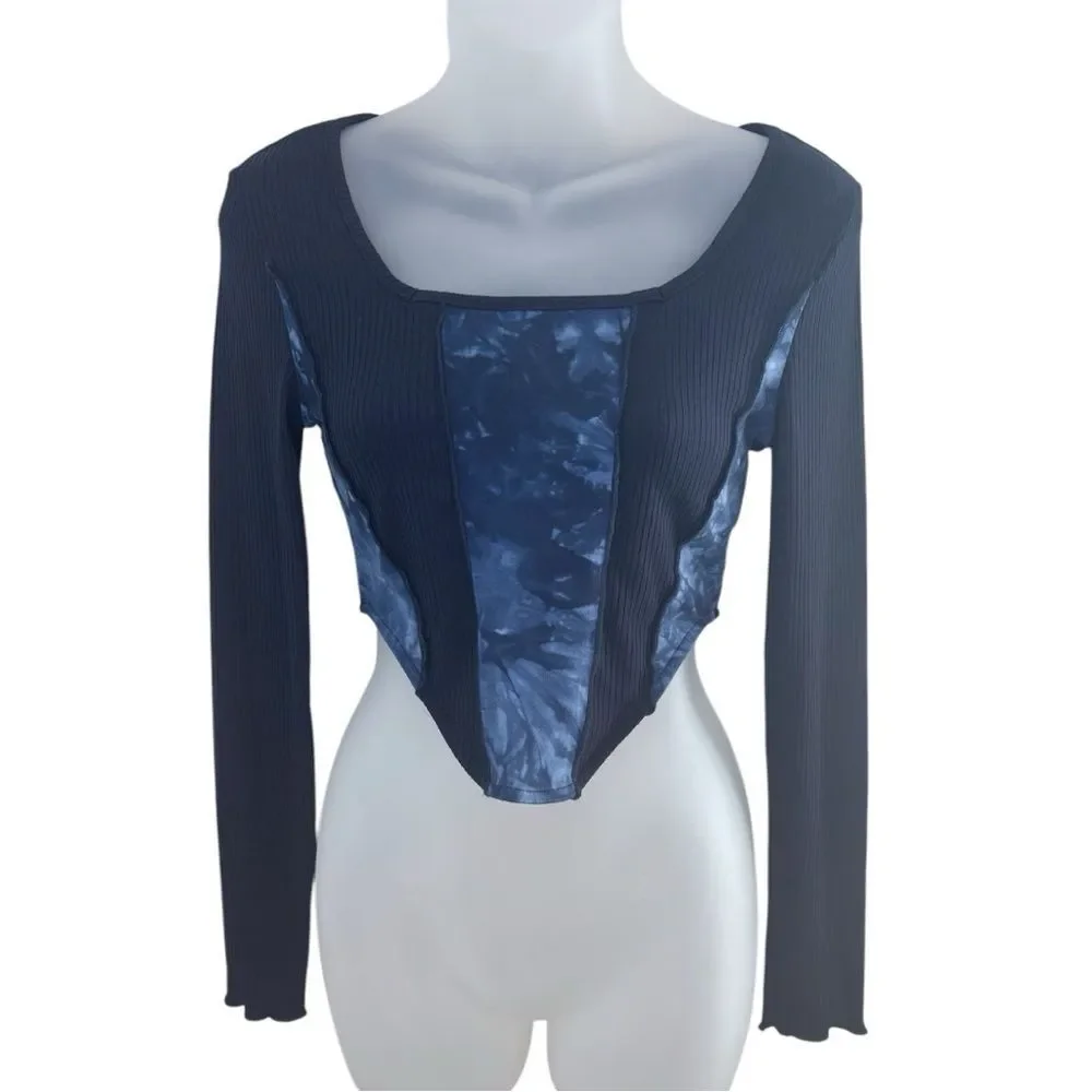 SHEIN Blue Tie Dye Long Sleeve Rib Knit Crop Top Size Small